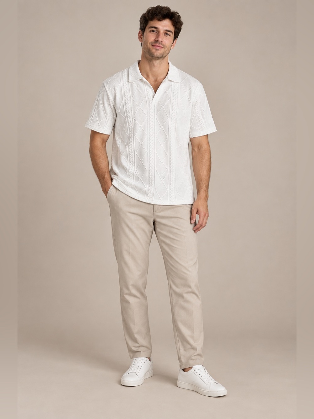 Brave Soul London Men’s White Textured Knit Short Sleeve Polo Shirt XL